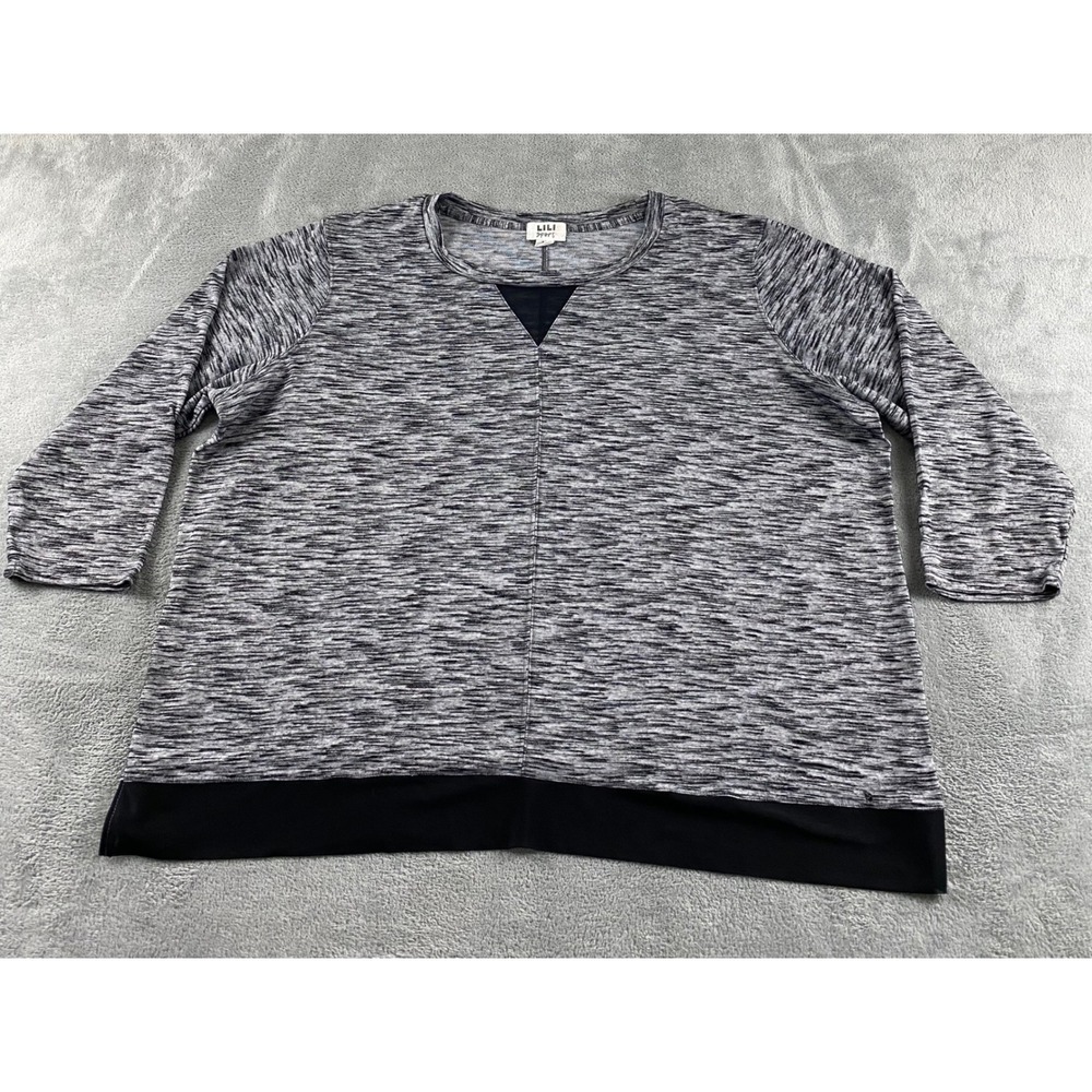 Lili Sport Womens 3X Space Dye Activewear Top Gray Black 3/4 Sleeve Relaxed Fit